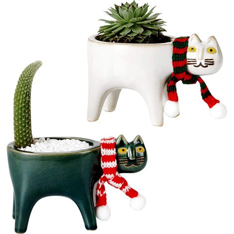 Lot de 3 pots à plantes succulentes en céramique avec trous de drainage, décor chat pour cactus, jardinière artisanale pour intérieur et extérieur (1/5)