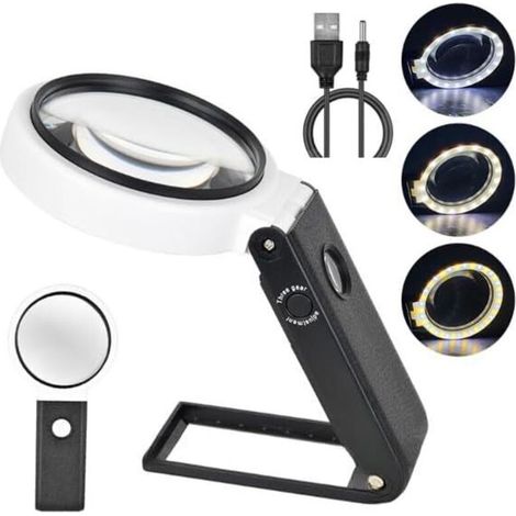 Loupes avec lumière et support, loupe lumineuse 10x 25x, grande loupe sur pied avec 32 lumières LED pour travail de près collection de timbres de pièces de monnaie (1/5)