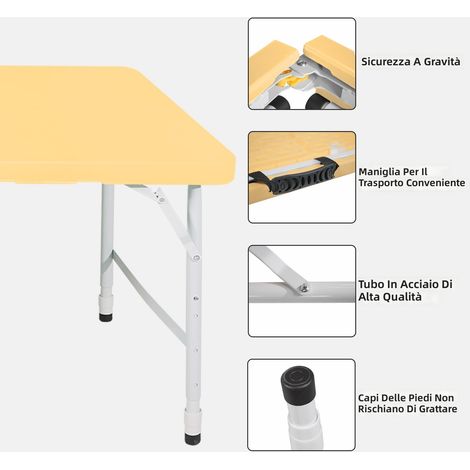 Tavolo pieghevole portatile 125 cm con maniglia, altezza regolabile per interni ed esterni, resistenza 135 kg, colore giallo chiaro, ideale per campeggio picnic e feste (1/5)