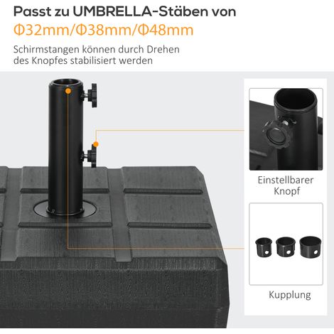 Pied de parasol lesté jusqu'à 40 kg, avec poignée de transport, forme carrée, couleur noire (1/4)