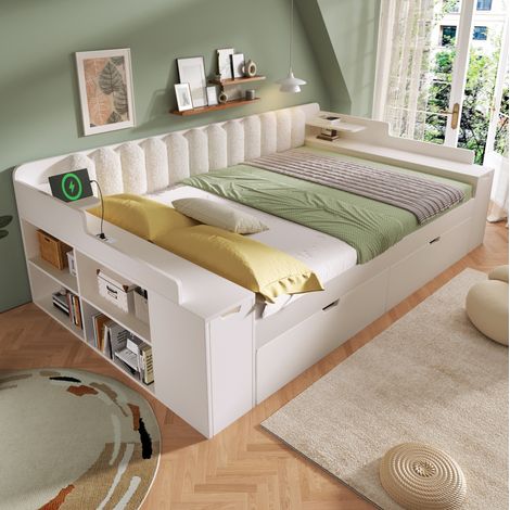Sofá cama 140/200 cm blanco con cajones, almacenaje y estación de carga (1/5)
