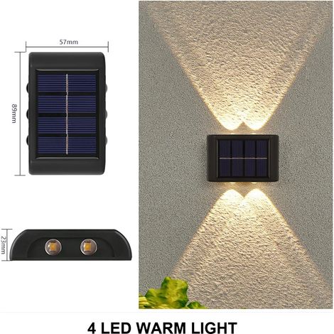(4 LED - Blanc chaud - 2 pièces) Lampe murale solaire d'extérieur étanche, éclairage solaire vers le haut et vers le bas, décoration pour la maison, le jardin et la cour, lumière du soleil (1/5)