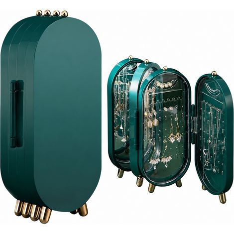 Boîte à bijoux extensible, verte, 3 compartiments avec miroir, plastique rigide transparent, rangement compact vert (1/2)