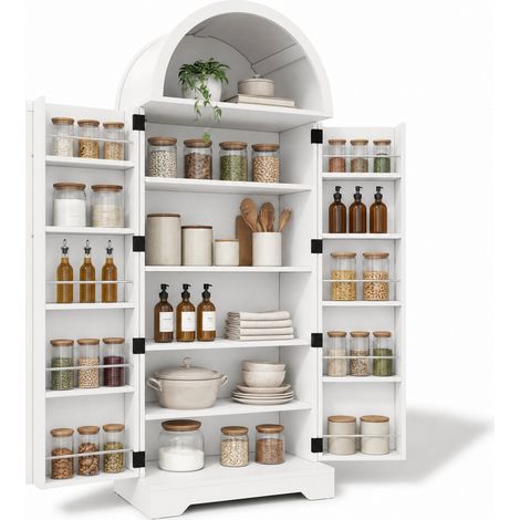 ELVMI Schrank mit 3 Einlegeböden, 5 Türablagen und offenen Fächern, für Küche, MDF, Weiß, 70x40x165 cm (1/5)
