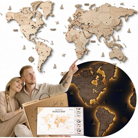 Carte du monde en bois avec effet 3D LED, naturelle, 105 x 60 pixels, géolocalisation, drapeaux, îles (1/5)