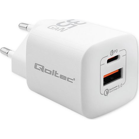 Qoltec 35W GaN Ultra-Wandladegerät 5–20 V 2,25–3 A 1 x USB Typ C PD 1 x USB QC 3.0 Weiß (1/5)
