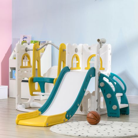 Tobogán Infantil 6 en 1 con Columpio y Tobogán Telescopio Aro de Baloncesto Espacio de Almacenamiento Multicolor (1/5)