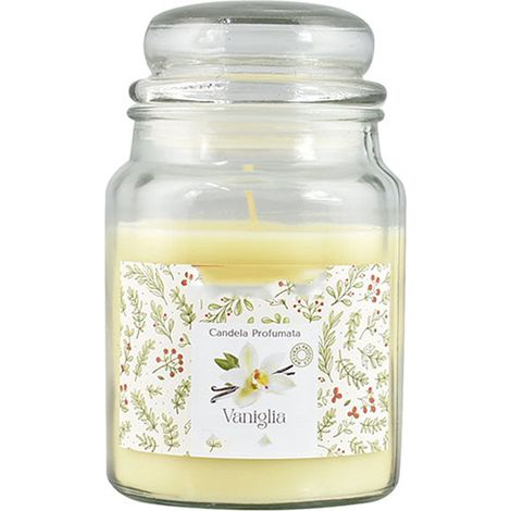 Candela profumata alla vaniglia con barattolo e coperchio in vetro gr 510 h16 cera estratti naturali durata 26 ore idea regalo (1/2)