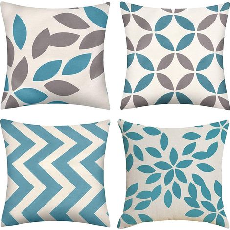 Lot de 4 housses de coussin en lin en coton décoratif géométrique, moderne, coussin décoratif pour salon 45 x 45 cm Bleu (1/5)