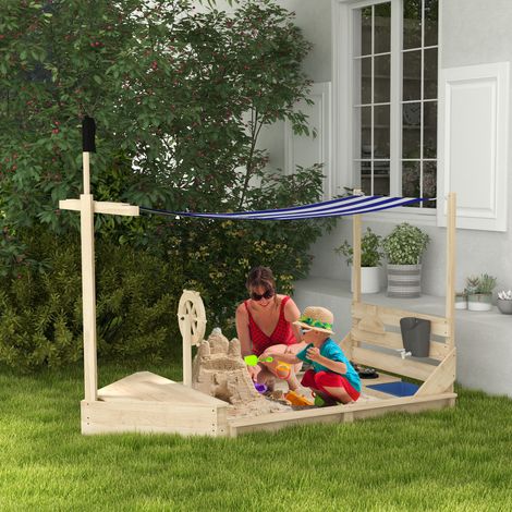 Bac à sable en bois avec jeu de cuisine 6 accessoires coffre rangement gouvernail drapeau 180 x 103 x 144.5 cm naturel