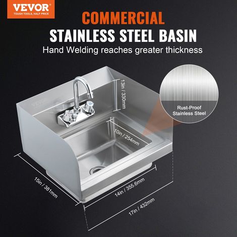 Lavabo à main pro inox mitigeur et éclaboussoir latéral, bac lavage petit pour restaurant cuisine bar garage domicile, 43x32.5 cm (1/5)