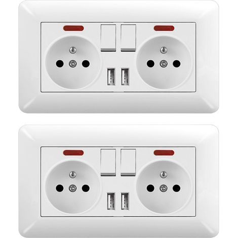 Lot de 2 Prise Électrique Murale Double 16A – Double Interrupteur avec LED et 2 Ports USB, Prise Encastrable 240V pour Maison et Bureau (1/4)