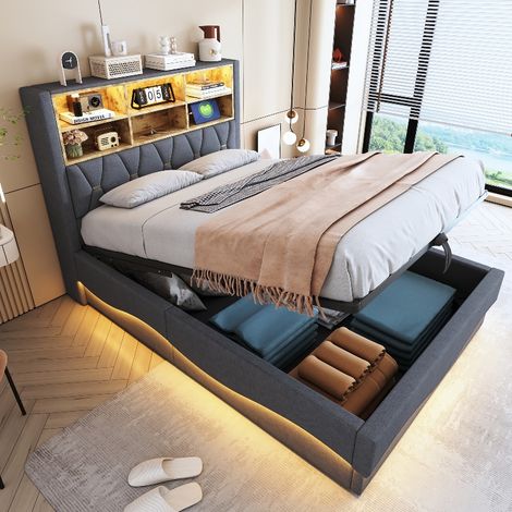 Polsterbett 140x200 mit hydraulischem Stauraum und APP-gesteuerter LED-Beleuchtung, Multifunktionsbett mit USB-Anschluss und Metall-Lattenrost, Grau (1/5)
