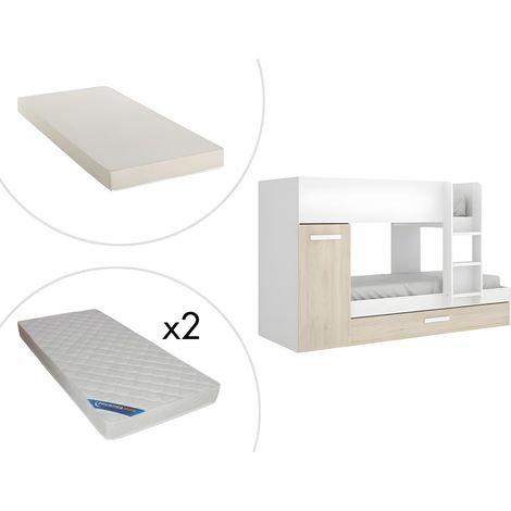 Letto a castello con contenitori + materasso 2 x 90 x 190 cm Bianco e Rovere - ANTHONY