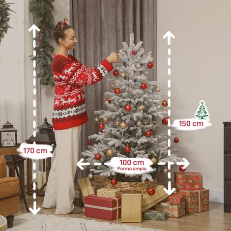 Un sapin de Noël enneigé de 150 cm de haut. Il est doté de branches réalistes et d'un socle métallique pliable. (1/5)