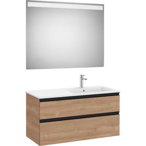Pack meuble "The Gap" 1000 - 2 tiroirs + lavabo slim droite + miroir LED - noyer/poignées noires - Roca (1/2)