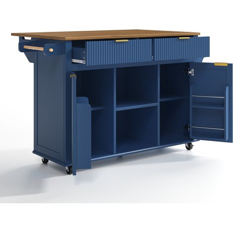 Îlot de cuisine mobile en bois composite avec plateau rabattable 120 x 45 cm, 2 tiroirs, 2 portes, étagères à épices et porte-serviettes, bleu cloisonné (1/5)