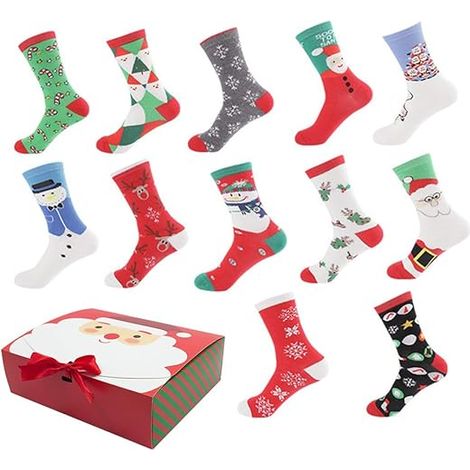 Coffret de 12 paires de chaussettes de Noël avec boîte cadeau. Chaussettes chaudes d'hiver, chaussettes-chaussons, chaussettes de fêtes, chaussettes des 12 jours de Noël.