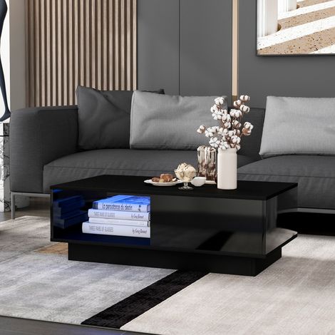 Table basse en bois d’ingénierie noir brillant 95 x 55 cm avec LED, 2 tiroirs et étagères (1/5)