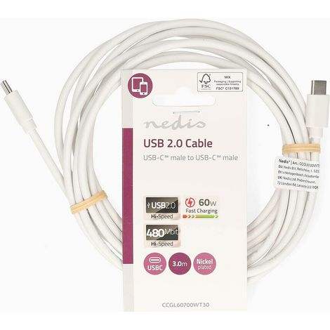 Nedis USB-Kabel / USB 2.0 / USB-C™ Stecker / USB-C™ Stecker / 60 W / 480 Mbps / Vernickelt / 3.00 m / Rund / PVC / Weiss / Label