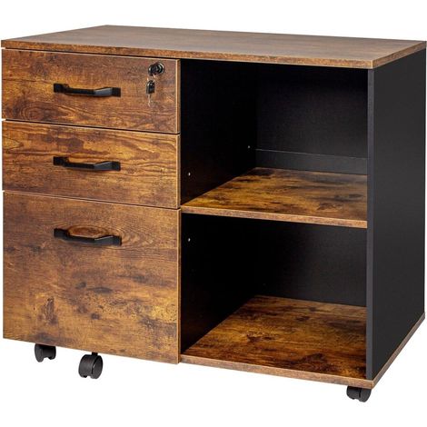 Caisson Roulant, 3 tiroirs, 2 Compartiments, H x l x P : 66 x 80 x 40 cm, verrouillable, Bureau, Marron (1/5)
