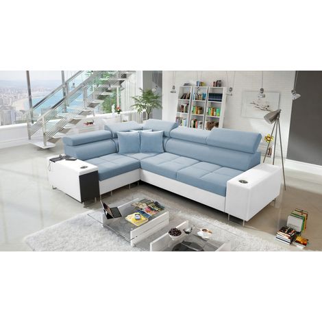 Elegantes Ecksofa mit Konsole und Ladegerät MORENA II Kunstleder/Uttario Velvet Weiß/Blau Links (1/5)