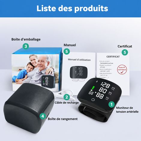 Tensiomètre de poignet électronique rechargeable tactile avec diffusion vocale en français noir réf 5793 200 g – Livraison gratuite