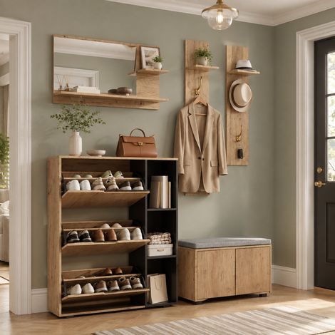 Set de recibidor con zapatero, banco acolchado, espejo y perchero, madera clara y negro, 150×35×161,5 cm, almacenamiento para entrada , solución organizada y funcional-FLORAGRACE (1/5)