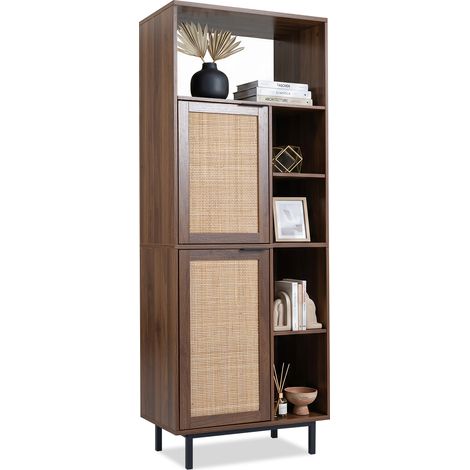 Armoire de Rangement avec Portes en Rotin, Meuble sur Pieds avec Étagères Réglables et Niches Ouvertes, Anti-basculement, 60 x 35 x 157 cm, Marron (1/5)