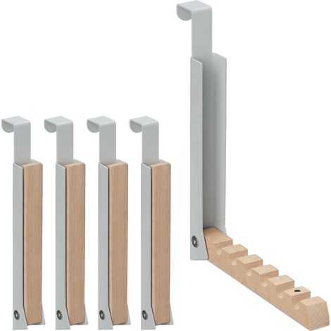 5x Appendiabiti Pieghevole da Porta, 6 Ganci per Grucce, Appendino per Porte Spesse 2 cm, Ferro e Legno, Grigio (1/5)