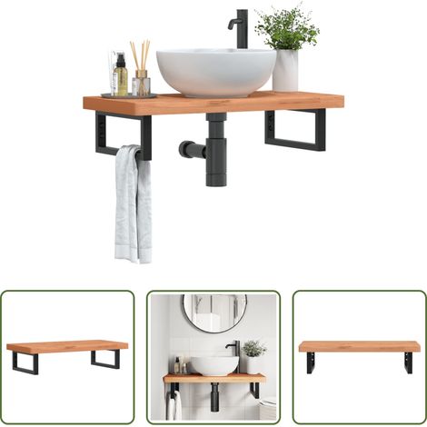 Wandmontage - Waschbeckenregal Wandmontage Stahl und Massivholz Buche (1/5)