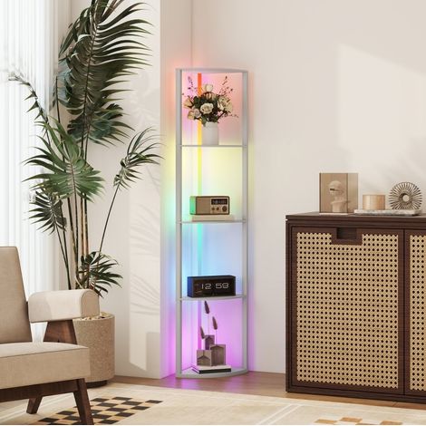 Lampadaire LED RGB avec étagère à 5 niveaux, éclairage dimmable et couleurs réglables par télécommande, meuble d’angle gain de place en MDF gris pour salon ou chambre – CHICFURN (1/5)