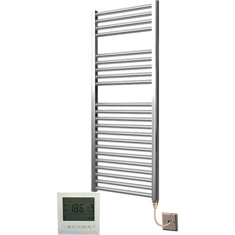 Extra High Heat Output Chrome Electric Towel Rail 500 x 1200mm Flat Bathroom Radiator Heater + 7 Day Timer/Thermostat (1/4)