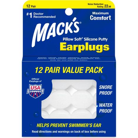 Mack's – Bouchons d'oreilles en silicone ultra-doux, 12 paires Les bouchons d'oreilles originaux en pâte de silicone malléable pour le sommeil, les ronflements, la natation, les voyages et les concer (1/5)