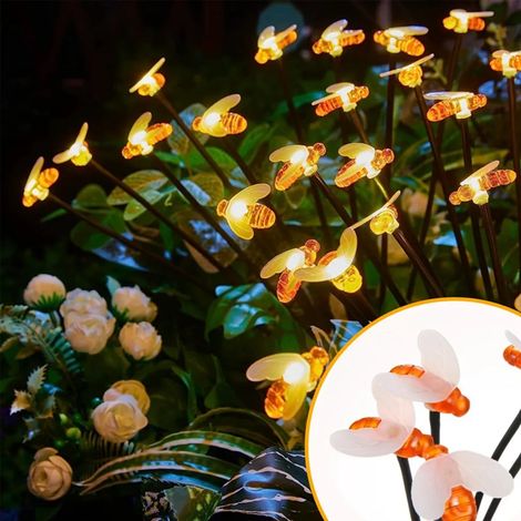 Lot de 2 lampes solaires avec 12 abeilles, pour jardin extérieur, éclairage LED blanc chaud, guirlande lumineuse féérique en forme d'abeille, décoration de jardin et terrasse.
