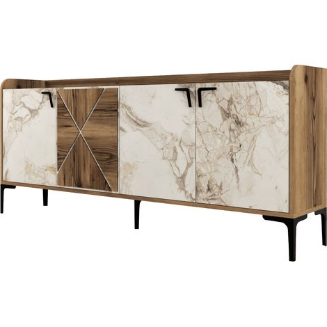 Credenza in legno "Venedik" - 180 x 35 x 78 cm - Bianco marmorizzato