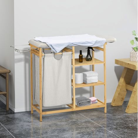 Cesto para ropa 57,4 L con tabla de planchar, estante de 3 niveles, bambú natural DESVIAE (1/5)