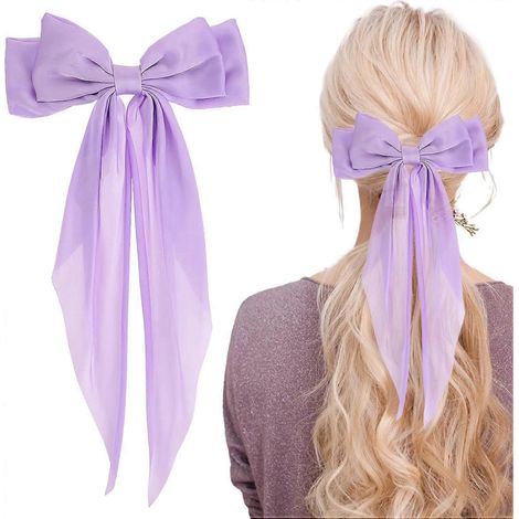 Haarschleifen aus seidigem Satin, 1 Packung, große Schleife mit Metallfederclip, extra lange Haarbänder, Haargummi, französische Haarspangen, lila Butter (1/4)