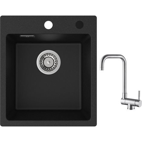 Cecipa Evier Quartz Noir 40x45cm Evier de Cuisine en Granit Evier à Encastrer 1 Vasque + Robinet Cuisine Rabattable Mitigeur de Evier Repliable Brossé (1/5)