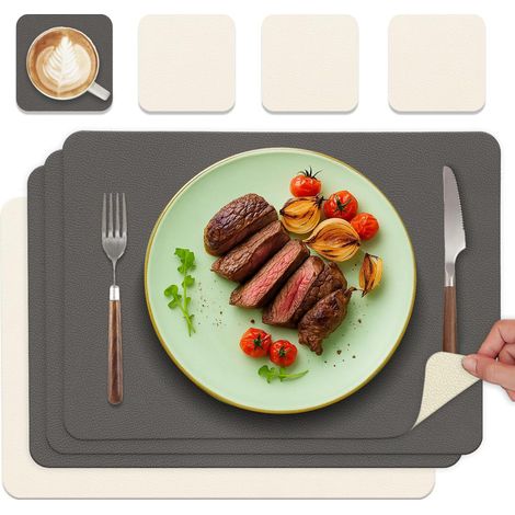 Lot de 4 sets de table ovales en cuir lavable, double face, antidérapants, gris et beige. (1/5)