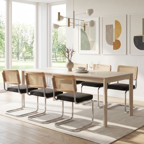 Lot de 6 Chaises Velours Design Mid-Century - Dossier Cannage rotin, Assise Rembourré et Base en Métal Chromé - Noir (1/5)