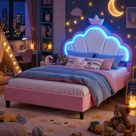 JOOKGBD–Letto per bambini 90x200 cm,Letto singolo,Letto principessa,Letto imbottito,LED,Testiera regolabile,Rete a doghe,Velluto,Rosa