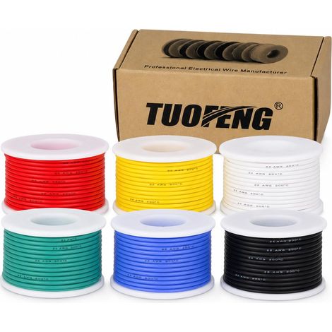 Fil électrique de calibre 22, kit de fils de cuivre étamé Fil de silicone flexible de 22 AWG (6 bobines de couleur différentes de 8 mètres) Fil de connexion électronique de 600V (1/5)