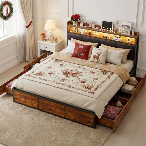 Lit adulte 140x200 avec tiroirs , lit double avce LED et 4 tiroirs, sommier métallique, revêtement rangement - Noir (1/5)