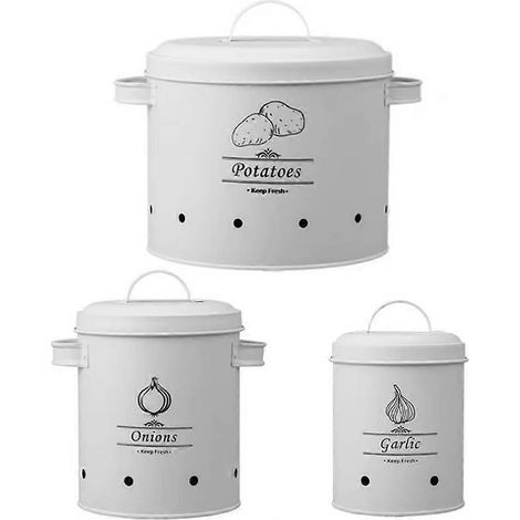 Ensemble de 3 seaux de rangement en métal avec système de ventilation à 360° - Grande capacité - Boîte de rangement polyvalente pour ail et pommes de terre - A (1/5)