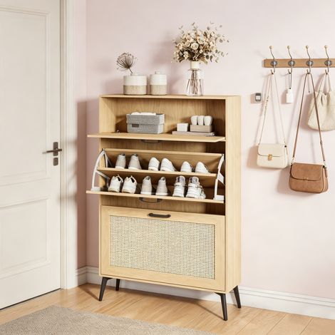 Meuble à chaussures rotin 80x24x114 cm, meuble de rangement avec 2 abattants et tiroir, pied métal, capacité 8 à 12 paires de chaussures (1/5)