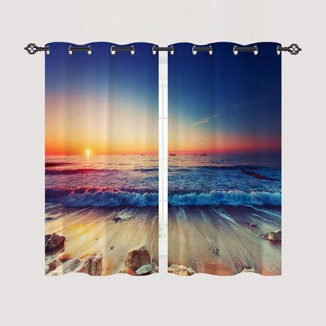 Rideau Occultant Lever du Soleil Océan Plage Tenture Opaque à Oeillets Draperies Intérieurs Rideau Thermique Isolant pour Maison Chambre Salon Fenetre 2 Pièces L 60 x H 120 cm - 60L X 120H cm (2 Panne (1/5)