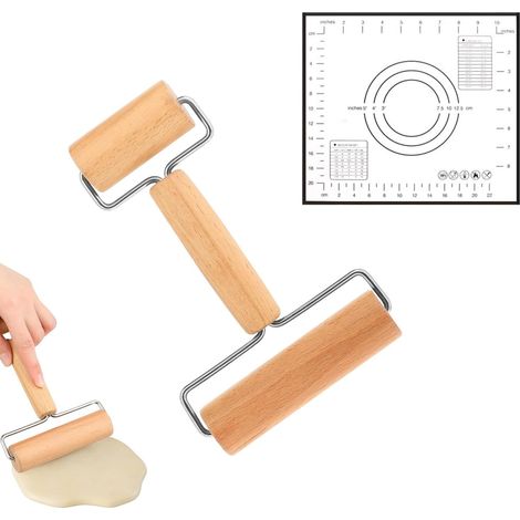 Rouleau a Patisserie, Double Extrémité Rouleau Patisserie Bois, 6 cm et 10,5 cm Rouleau à Pâtisserie pour Pâtisserie, avec Poignée, avec Pétrin Silicone, pour Pâte, Pizza et Raviolis (1/5)