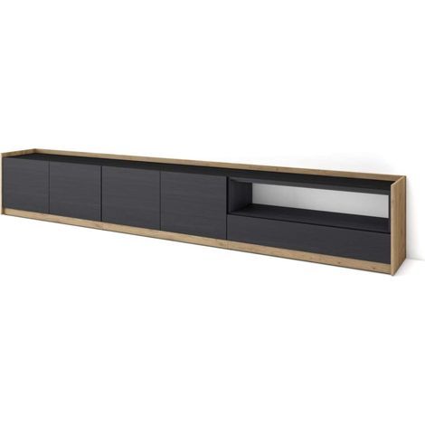 Mueble TV Campanillas-02 de 310x50x37 cm con almacenamiento, color negro y roble (1/4)