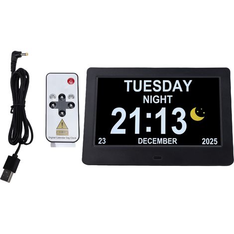 Orologio digitale multifunzione da 7 pollici con calendario, visualizzazione della data, regolazione automatica della luminosità e impostazione dell'ora legale tramite pulsanti o telecomando (nero). (1/5)